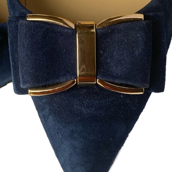 BCBGeneration Perryn Blue Gold Bow Open Side Heels Pumps Shoes Women's 10M - Picture 8 of 12